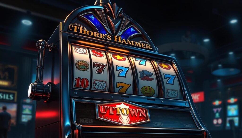 A high-quality, hyper-realistic illustration of a classic casino slot machine, the &amp;quot;UTown Thor's Hammer Slot Machine&amp;quot;, in a dimly lit, atmospheric casino setting. The machine's sleek, metallic exterior gleams under moody, dramatic lighting, with intricate mechanical details and symbols inspired by Norse mythology. The reels spin with a sense of anticipation, hinting at the game's thrilling unpredictability. The overall composition conveys the excitement and allure of gambling, while maintaining a sense of technical precision and visual sophistication.