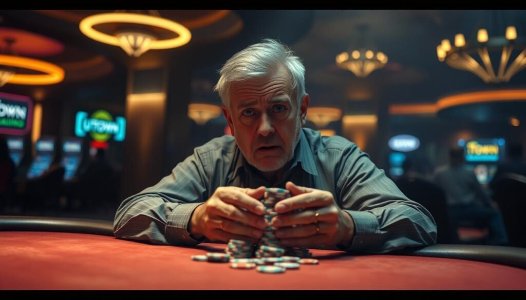 A middle-aged man sitting at a table in a dimly lit UTown casino, looking confused and overwhelmed as he stares at a stack of casino chips in his hands. The background is hazy with the soft glow of neon lights, creating an atmosphere of uncertainty and unfamiliarity. The man's expression conveys a lack of understanding of the basic rules and mechanics of the game, reflecting the section title "缺乏基本遊戲知識就開始投注". The lighting is dramatic, casting shadows that emphasize the man's perplexed state, highlighting his vulnerability in this unfamiliar environment.
