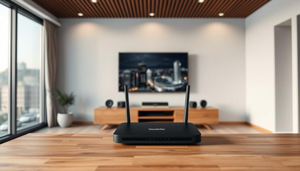 A modern, minimalist living room with a large window overlooking a cityscape. In the foreground, a sleek Telecombrother high-speed internet router sits atop a wooden console, its LED lights glowing softly. In the middle ground, a flat-screen television is mounted on the wall, showcasing crisp, high-definition imagery. The background features a clean, airy atmosphere with subtle ambient lighting, emphasizing the contrast between the traditional cable infrastructure and the advanced fiber-optic technology. The scene conveys a sense of technological progress and domestic comfort, hinting at the advantages of fiber-optic broadband over legacy copper-based systems.