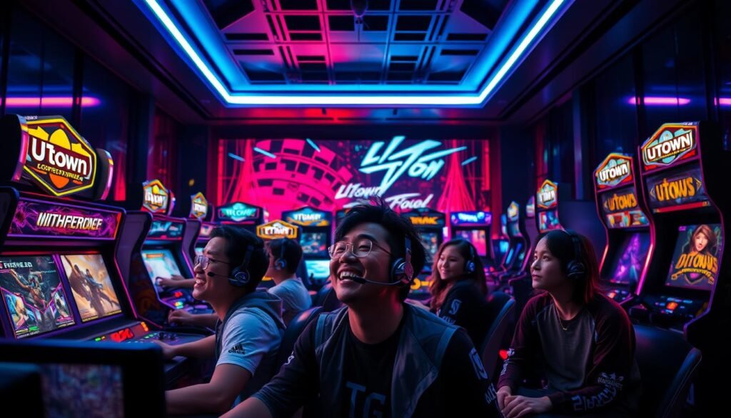 A vibrant, dynamic scene showcasing the diverse gaming offerings of ATG Electronic. In the foreground, a group of players immersed in a high-intensity UTown-branded competitive esports title, their expressions animated with the thrill of victory. The middle ground features a range of eye-catching arcade cabinets, each showcasing a distinct gameplay experience. In the background, a sleek, futuristic interior with vibrant neon lighting sets the tone, hinting at the cutting-edge technology powering these captivating experiences. The overall atmosphere is one of excitement, innovation, and the endless possibilities of the world of ATG Electronic gaming.