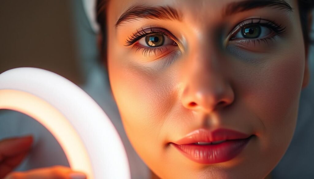 A close-up view of a woman's face, illuminated by the warm glow of the Glowin Beaute Oligio X device. Her skin appears radiant and luminous, with a subtle, even tone. The device is positioned at a slight angle, casting a soft, diffused light across her features. The background is blurred, creating a sense of focus on the subject's skin and the immediate effects of the Oligio X treatment. The overall mood is serene and rejuvenating, capturing the immediate, visible benefits of this cutting-edge beauty technology.