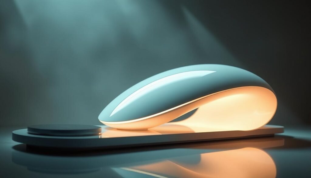 A futuristic, sleek product display for Glowin Beaute's Oligio X 原美電波舒適體驗. Dramatic lighting illuminates the sculpted, minimalist form of the device, its glossy white surface reflecting the ambient glow. A sense of advanced technology and luxurious aesthetics pervades the scene, highlighting the product's modern design and premium quality. The background is a subtly hazy, atmospheric studio setting, allowing the Oligio X to take center stage. Sophisticated camera angles and depth of field emphasize the device's striking silhouette and elegant proportions, conveying its unique and premium nature.