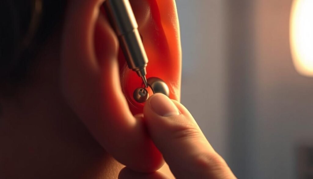 A detailed, technical illustration of the ear otolith repositioning procedure. A close-up view of a person's ear, with the skin and cartilage clearly visible. The otolith is dislodged from its abnormal position and being gently guided back into its correct anatomical location within the inner ear, using a delicate, precise manual manipulation technique. The scene is lit by warm, soft lighting, with a clean, clinical backdrop to emphasize the medical nature of the procedure. The overall mood is one of careful, skilled treatment aimed at restoring normal inner ear function.