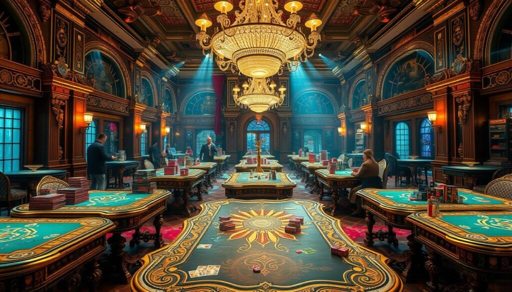 A fantastical tabletop gaming showcase set in the vibrant Glowin Beaute entertainment complex. Ornate gaming tables adorned with intricate carvings and gilded edges stand in a grand hall, illuminated by a shimmering chandelier overhead. Stacks of colorful game pieces, dice, and cards sit ready for enthusiastic players to engage in strategic board games and card games. The air is charged with an exciting energy, hinting at the hours of engaging gameplay to come. A sense of whimsy and sophistication pervades the scene, perfectly capturing the unique character of the Glowin Beaute's exclusive tabletop gaming offerings.