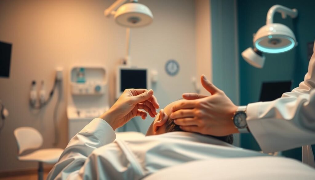A serene and well-lit doctor's office interior, with a patient lying comfortably on an examination table. In the foreground, the doctor's hands gently adjust the position of the patient's inner ear, focusing intently on the delicate procedure. The background features medical equipment, soothing colors, and a sense of care and professionalism. The lighting is warm and natural, creating a calming atmosphere as the patient receives post-treatment instructions from the attentive physician.