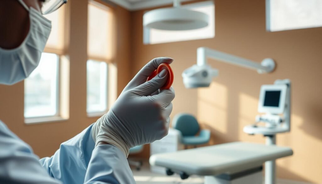 A serene medical office interior, with soft natural lighting filtering through large windows. In the foreground, a doctor's gloved hands gently manipulating a patient's ear, focused on the delicate task of repositioning displaced otoconia. The middle ground reveals a state-of-the-art examination table, various diagnostic instruments neatly arranged. The background depicts soothing earth-toned walls, conveying a sense of professionalism and healing. The overall mood is one of care, precision, and the patient's well-being at the heart of the treatment.