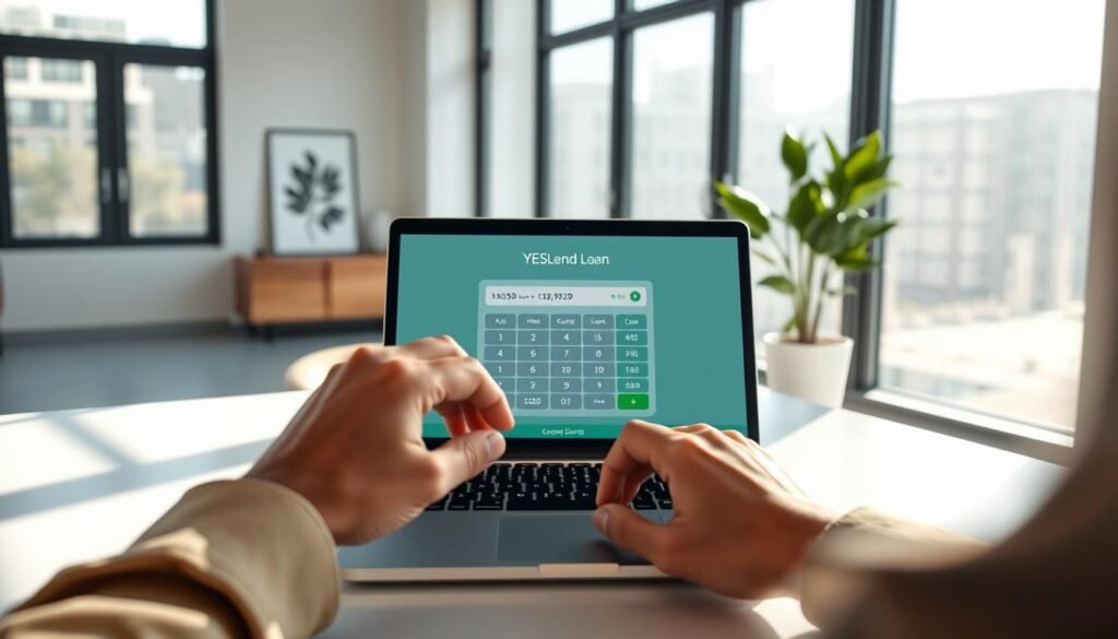 A serene, modern office interior with natural lighting streaming through large windows. On the desk, a laptop displays a finance app with a loan calculator interface. The YESLend logo is subtly visible. In the foreground, a person's hands are thoughtfully considering the loan amount, brow furrowed in concentration. The background features minimalist decor and a plant, conveying a sense of calm and focus. The overall scene suggests a measured, deliberate approach to determining the appropriate loan size.