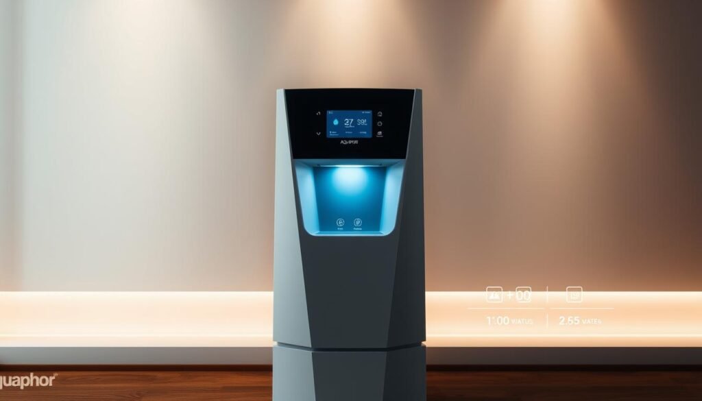 A sleek, modern water purifier system stands prominently in the foreground, its intuitive digital display showcasing a user-friendly smart reminder interface. Centered against a minimalist, white-walled backdrop, the purifier's clean, angular design elements are highlighted by warm, indirect lighting, creating a sense of high-tech sophistication. In the middle ground, subtle graphics and icons illustrate the purifier's intelligent monitoring capabilities, tracking filter status and water quality. The overall scene conveys a harmonious blend of advanced technology and thoughtful user experience, reflecting the article's focus on the smart, convenient features of the Aquaphor water purifier system.