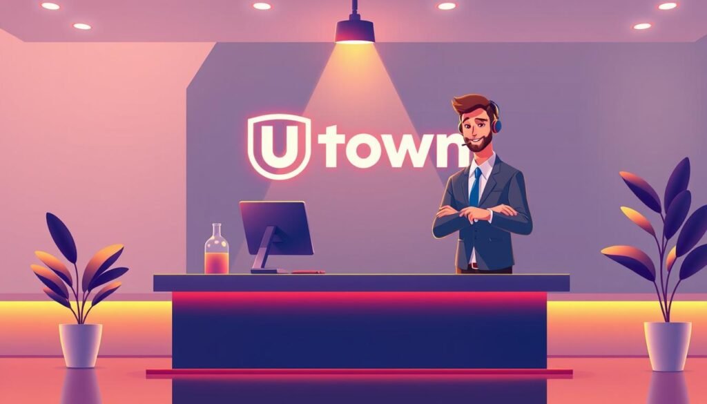 A vibrant, modern customer service illustration for the UTown gaming app. A friendly customer service representative in a professional, yet welcoming posture, standing at a sleek, minimalist desk. Warm, soft lighting illuminates the scene, creating a calming and approachable atmosphere. The background features clean, geometric shapes and a subtle gradient, placing the focus on the customer service agent. The overall composition conveys a sense of attentive, responsive support for UTown's mobile gaming users.
