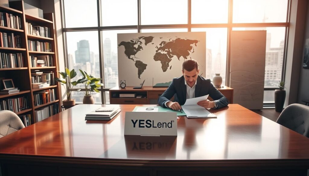 A warm and inviting financial advisory office with natural light spilling in through large windows. In the foreground, a man and woman sit at a polished wooden desk, reviewing documents and discussing investment options. On the desk, a placard displays the logo "YESLend". The middle ground features bookshelves filled with financial literature, and a large world map on the wall, conveying a sense of global perspective. The background showcases a cityscape view through the windows, highlighting the urban setting. The overall mood is one of professionalism, expertise, and financial empowerment.