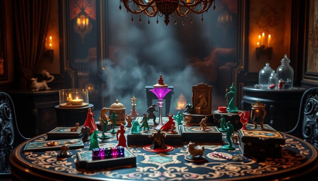 An elegant, ornately decorated tabletop featuring the exclusive Glowin Beaute board game collection at the Utata Entertainment Center. A vibrant array of unique game pieces and components in rich, jewel-toned colors catches the eye, inviting players to explore the center's captivating and immersive gaming experiences. Soft, warm lighting illuminates the table, casting a cozy glow and creating an atmosphere of enchantment. The tabletop is set against a backdrop of sophisticated, earthy tones, drawing the viewer's focus to the alluring game designs. Overall, the scene exudes a sense of sophisticated, refined entertainment and the promise of an extraordinary gaming journey.