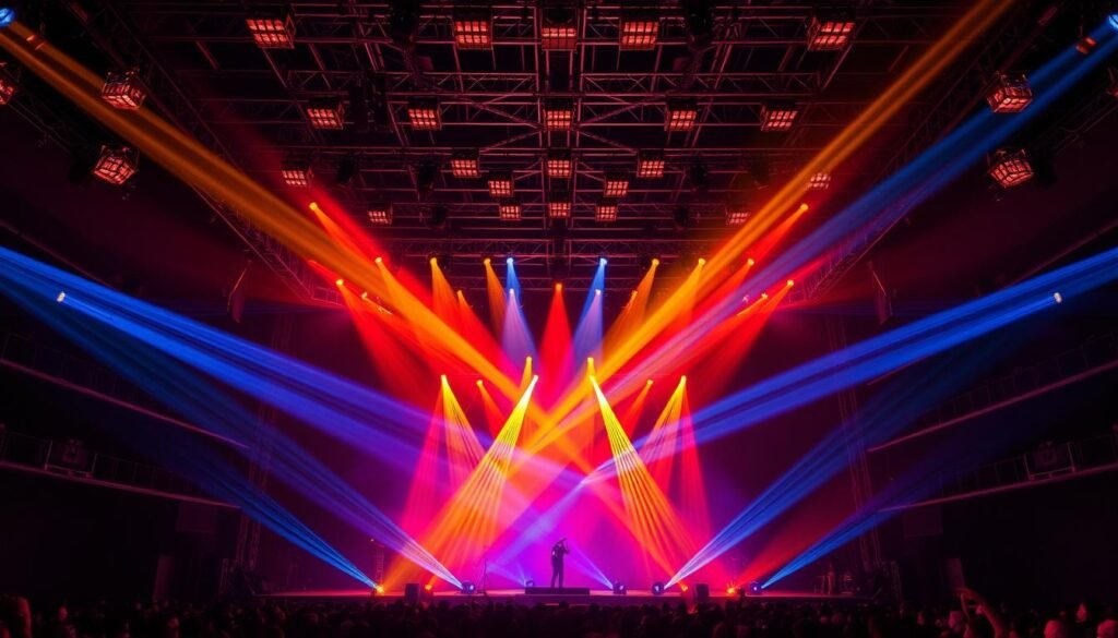 Dramatic and immersive stage lighting setup, featuring a vibrant array of Aloha LED fixtures illuminating the performance space. Intricate, dynamic beam patterns cast across the stage, creating a visually stunning and captivating atmosphere. Warm, saturated hues of amber, crimson, and azure blue converge, casting a mesmerizing glow on the performers below. Precise lighting angles and precise beam control produce a professional, high-quality effect, elevating the overall production value. A modern, technologically advanced LED lighting rig that seamlessly integrates with the larger stage design, bringing the performance to life with energy and excitement.