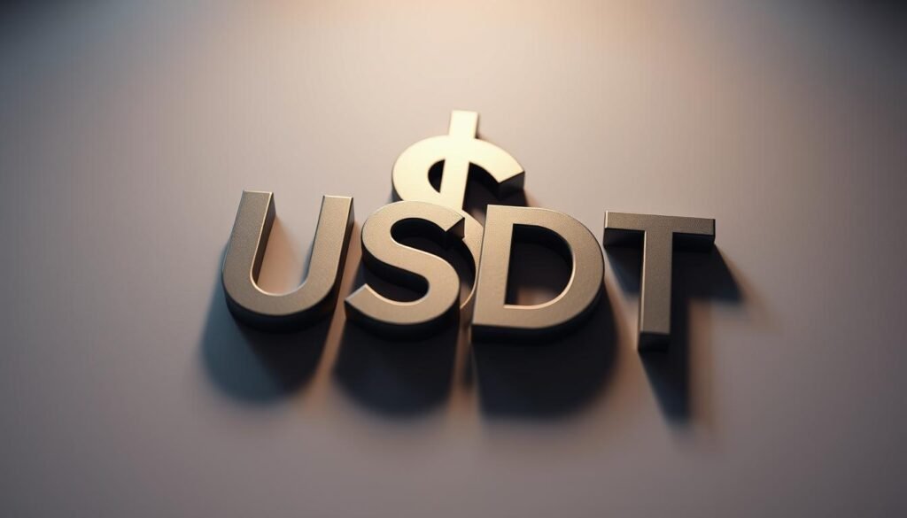 A detailed close-up view of the USDT cryptocurrency logo, rendered in a sleek and modern design. The logo features the iconic dollar sign overlaid with the letters &quot;USDT&quot; in a clean, sans-serif typeface. The image is set against a neutral background with subtle lighting and shadows, giving it a sense of depth and volume. The overall composition emphasizes the UTown brand, showcasing the virtual currency's recognizable visual identity.
