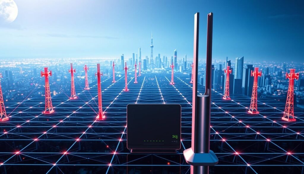 A futuristic 5G network plan, with sleek modern lines and a vibrant color palette. In the foreground, a Telecombrother 5G router stands tall, its sleek metallic casing reflecting the bright, even lighting. The middle ground features a grid of interconnected 5G cell towers, their angular forms creating a dynamic, technological composition. In the background, a cityscape of towering skyscrapers and futuristic infrastructure stretches into the distance, hinting at the widespread coverage and high-speed connectivity of the 5G network. The overall scene conveys a sense of progress, innovation, and the transformative power of advanced telecommunications technology.