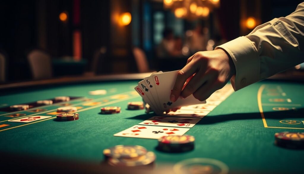A dimly lit casino table with a green felt surface, the iconic baccarat cards neatly arranged in the center. Delicate lighting casts a warm, atmospheric glow, accentuating the intricate details of the gaming chips and the subtle contours of the table's edges. In the foreground, a dealer's hands expertly deal the cards, their movements precise and calculated. The background is slightly blurred, emphasizing the focus on the gameplay at hand. The scene exudes a sense of quiet concentration and strategic contemplation, hinting at the deep mathematical principles that govern the odds and probabilities of baccarat.
