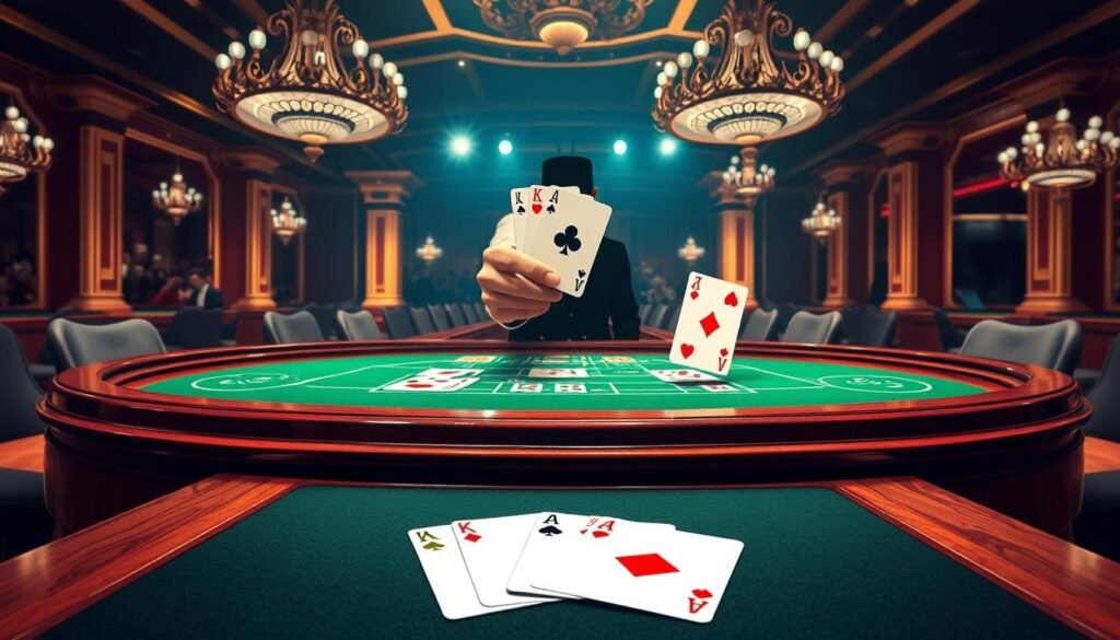 A visually captivating illustration showcasing the rules and fundamentals of Baccarat, the classic casino game. The image depicts a stylized Baccarat table set against a dimly lit, opulent casino interior. The table surface is made of rich, polished wood, with a green felt playing area. In the foreground, the card suits - hearts, diamonds, clubs, and spades - are prominently displayed, representing the card values used in the game. In the middle ground, a croupier's hand deals cards to the player and banker positions, showcasing the core gameplay mechanics. The background features a sense of grandeur, with ornate chandeliers, gilded columns, and a hint of a luxurious crowd, conveying the atmospheric ambiance of a high-stakes Baccarat session.