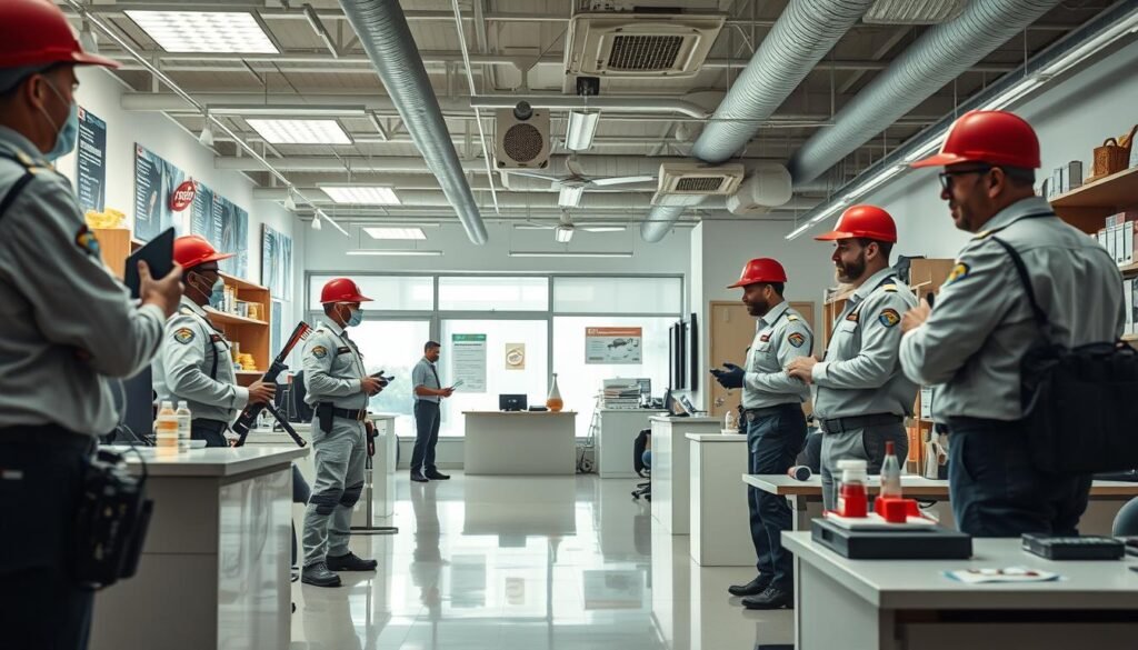 A modern, well-equipped iCareCPAP pest control company facility with a professional team of exterminators in crisp uniforms, using state-of-the-art equipment and tools. The scene depicts the interior of the company's office, with a reception area, desks, and a showcase of their services and products. Bright, clean lighting illuminates the space, conveying a sense of efficiency and reliability. The overall atmosphere is one of a trustworthy, customer-oriented business dedicated to providing effective pest management solutions.