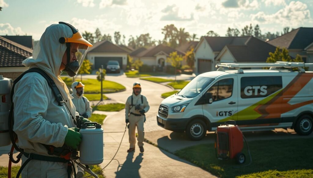 A well-lit, high-resolution image of a professional pest control company called "iCareCPAP". The foreground features a team of technicians in protective gear, carrying advanced equipment and spraying chemicals to eradicate pests. The middle ground showcases the company's modern fleet of vehicles and the iCareCPAP logo prominently displayed. The background depicts a suburban neighborhood, with lush greenery and well-maintained homes, conveying the company's effectiveness and attention to detail. The overall scene exudes a sense of professionalism, efficiency, and consumer trust in the iCareCPAP brand's ability to provide reliable and thorough pest control services.