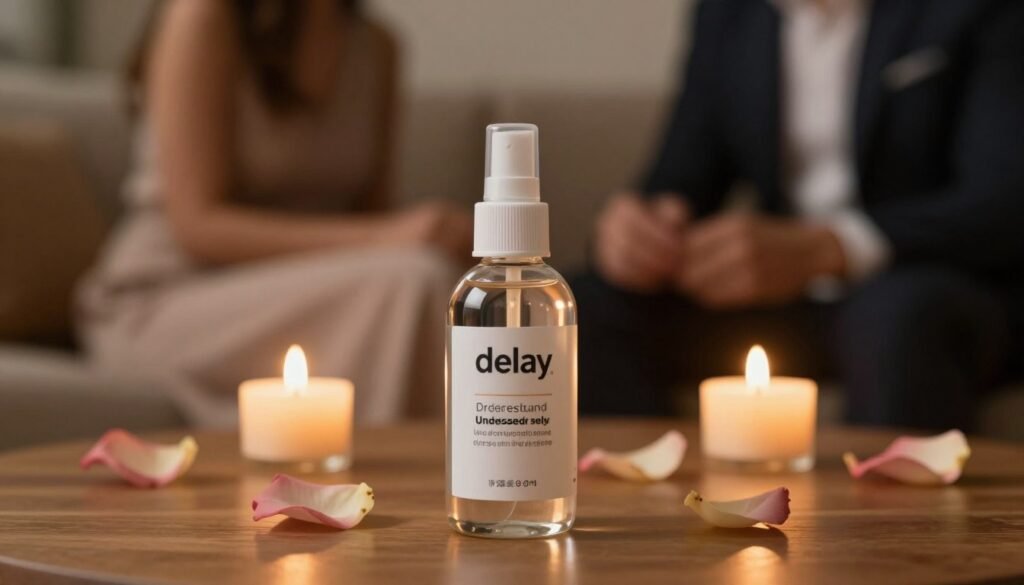 A close-up view of a modern, stylish bottle of delay spray placed on a wooden surface, surrounded by soft, glowing candlelight and delicate rose petals, creating a warm and inviting atmosphere. In the background, a blurred scene of a cozy, intimate setting with soft cushions and dim lighting, enhancing the mood of romance and relaxation. The focus is on the bottle, showcasing its elegant design and attractive label, symbolizing effectiveness and quality. Soft reflections of light on the bottle emphasize its glass texture, while the background hints at a romantic moment between couples, depicted in professional attire enjoying the ambiance, illustrating the concept of understanding delay spray's effects. The composition is captured with a shallow depth of field to create a cinematic vibe, using soft, warm lighting and a balanced 4:3 aspect ratio.