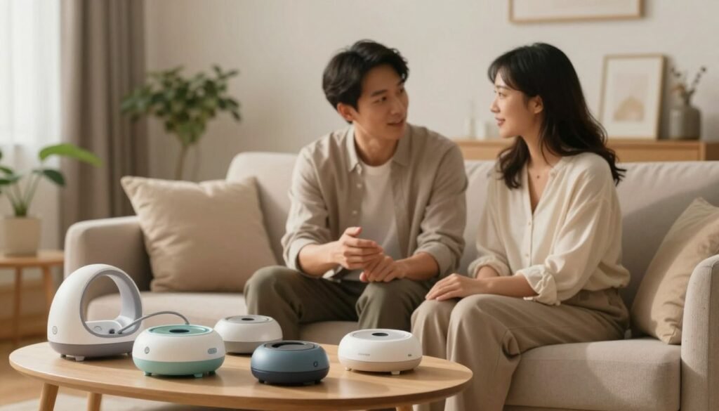 A serene and inviting indoor setting with a soft, warm light illuminating the room. In the foreground, a variety of well-designed vibration devices are tastefully arranged on a small, elegant table, showcasing their diverse shapes and colors. In the middle, a couple dressed in modest, professional attire, sitting comfortably on a plush sofa, exhibits a relaxed demeanor as they discuss the benefits of these devices, sharing a moment of connection and intimacy. The background features soft, blurred plants and cozy decor, enhancing the atmosphere of tranquility and warmth. The image captures a cinematic vibe, emphasizing the emotional and health benefits of the subject, with a focus on wellness and nurturing relationships. The aspect ratio is 4:3, giving a classic look to the scene.