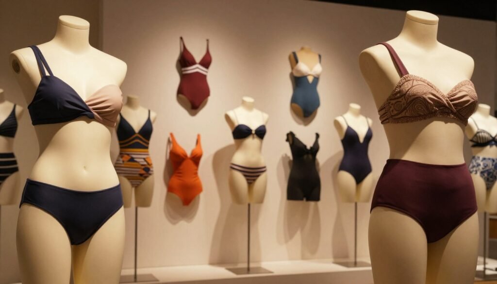 A stylish showcase of diverse women's swimwear designs, focusing on intricate cuts and patterns that enhance body shapes. In the foreground, a mannequin displays a variety of swimwear styles, emphasizing unique features like asymmetrical straps, high-waisted designs, and innovative fabric textures. In the middle, colorful swimwear options are arranged artistically, demonstrating contrast and harmony in design. The background features a soft, warm light that bathes the scene, creating a cinematic atmosphere. The angle captures the elegance of the swimwear while showcasing how each piece accentuates the figure. The overall mood is inviting and inspiring, perfect for highlighting the artistry of swimwear design in enhancing overall appearance.