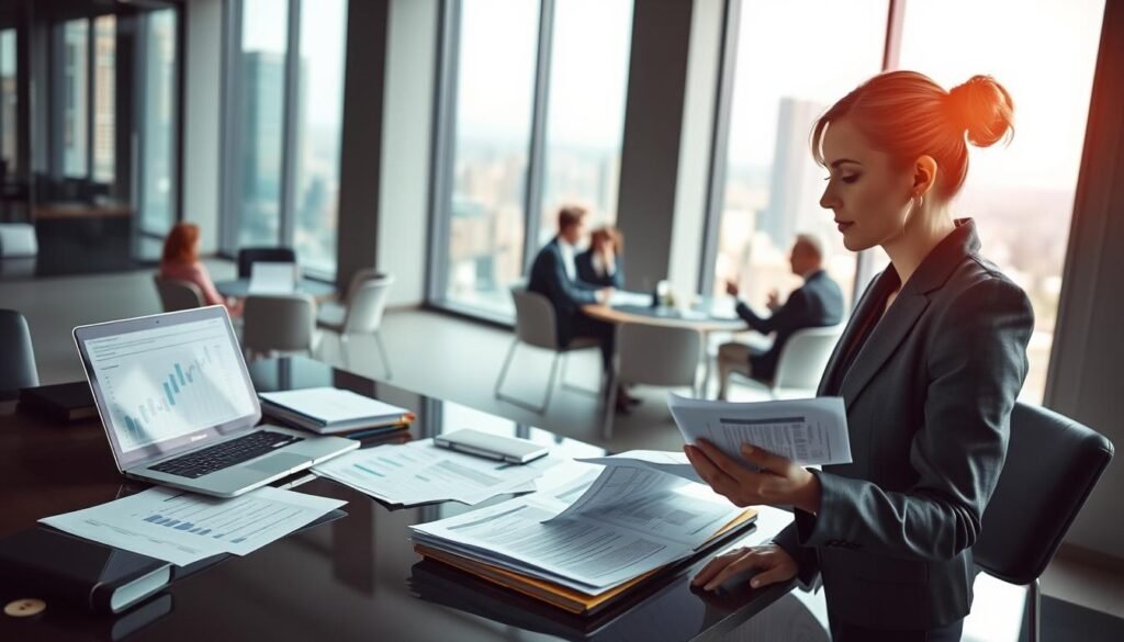A professional office environment showcasing a company secretary actively engaged in compliance management. In the foreground, a focused businesswoman in a smart suit reviews documents at a sleek desk strewn with compliance paperwork and a laptop displaying graphs. The middle ground features a meeting room where colleagues discuss strategies, highlighting collaboration and teamwork. The background includes large windows offering a view of a city skyline, symbolizing the corporate world. Soft, natural lighting filters in, creating a warm and inviting atmosphere. The angle captures a slight bird’s-eye view, emphasizing the dynamic interactions and the importance of compliant practices in business operations.