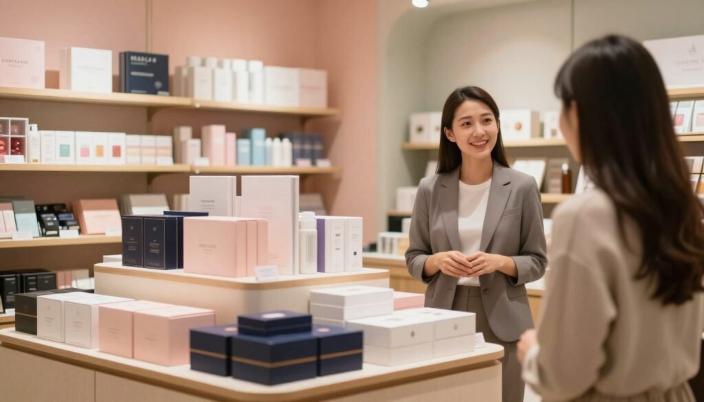 A well-stocked adult products store in Hong Kong, showcasing a variety of popular and recommended items on sleek, modern shelves. In the foreground, a vibrant display features several elegant boxes and discreet products, thoughtfully arranged to entice customers. The middle showcases a welcoming shopping environment with soft, warm lighting highlighting the innovative designs. The background reveals tastefully decorated walls in soothing colors, creating an intimate and comfortable atmosphere. A subtle focus on a professional sales associate, dressed in a smart casual outfit, engaging with a customer with a friendly expression, conveys a sense of trust and approachability. The overall mood is cozy and inviting, suitable for mature audiences exploring quality products, in a 4:3 aspect ratio.