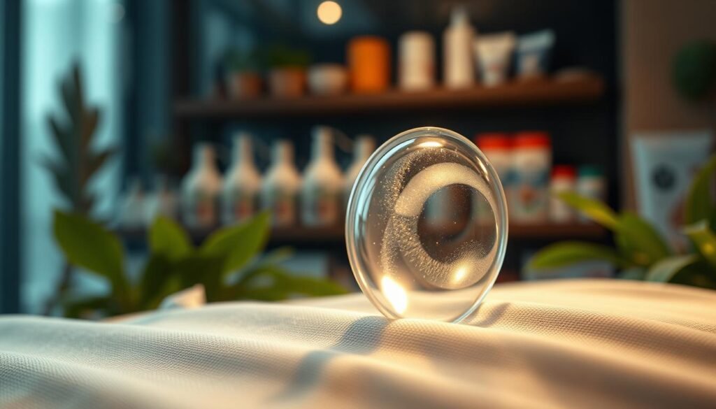 A close-up view of a high-tech, ultra-thin 0.01 latex condom, elegantly displayed on a soft, textured fabric surface. The condom is transparent and glimmers under soft, diffused lighting, highlighting its delicate and innovative features. Surrounding the condom, there are subtle elements like a lightly blurred background of a modern health products display and soft-focus greenery to evoke an atmosphere of freshness and comfort. The overall mood is sleek and professional, conveying trust and quality. The image should emphasize the condom as a cutting-edge, safe choice for individuals seeking improved sensory experiences. No people are present in the image, ensuring a clear focus on the product itself.