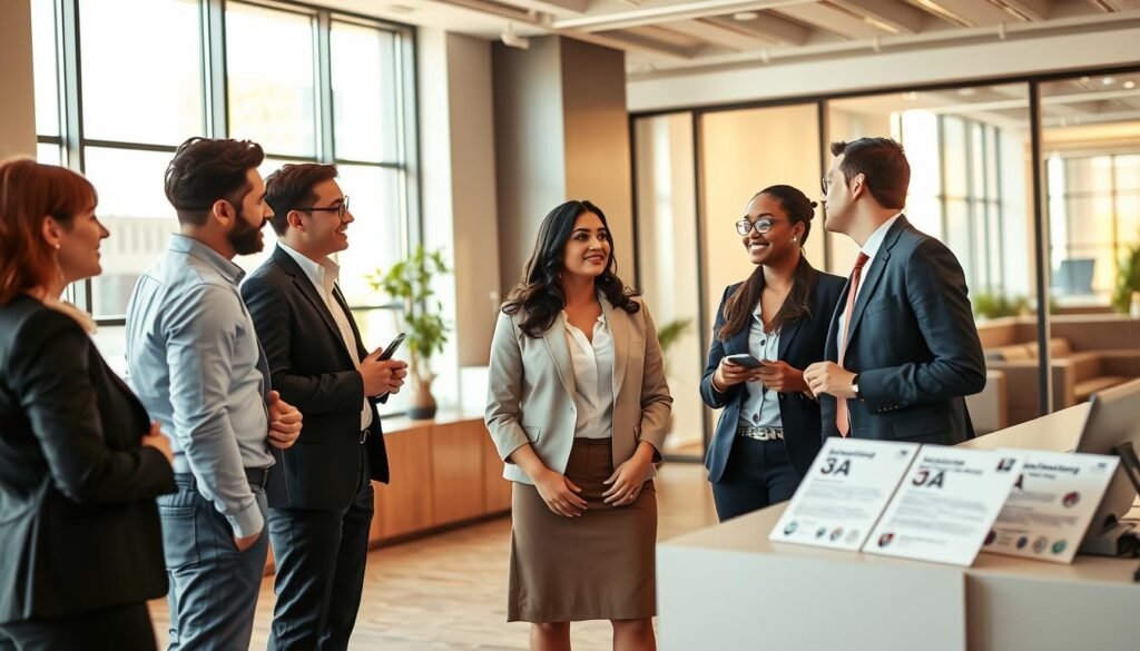 A modern and inviting office space showcasing the concept of "3A Membership Rights". In the foreground, a diverse group of three professional individuals in business attire engage in discussion, showcasing their enthusiasm for membership benefits. The middle ground features a stylish reception area with a sleek desk displaying informative brochures about 3A’s membership services. In the background, large windows let in warm, natural light, illuminating the space and creating a welcoming atmosphere. The overall mood is energizing and transparent, reflecting the clarity of information available to members. Capture this scene from a slightly elevated angle to emphasize the interaction and the inviting design of the office, ensuring the image is polished and professional.