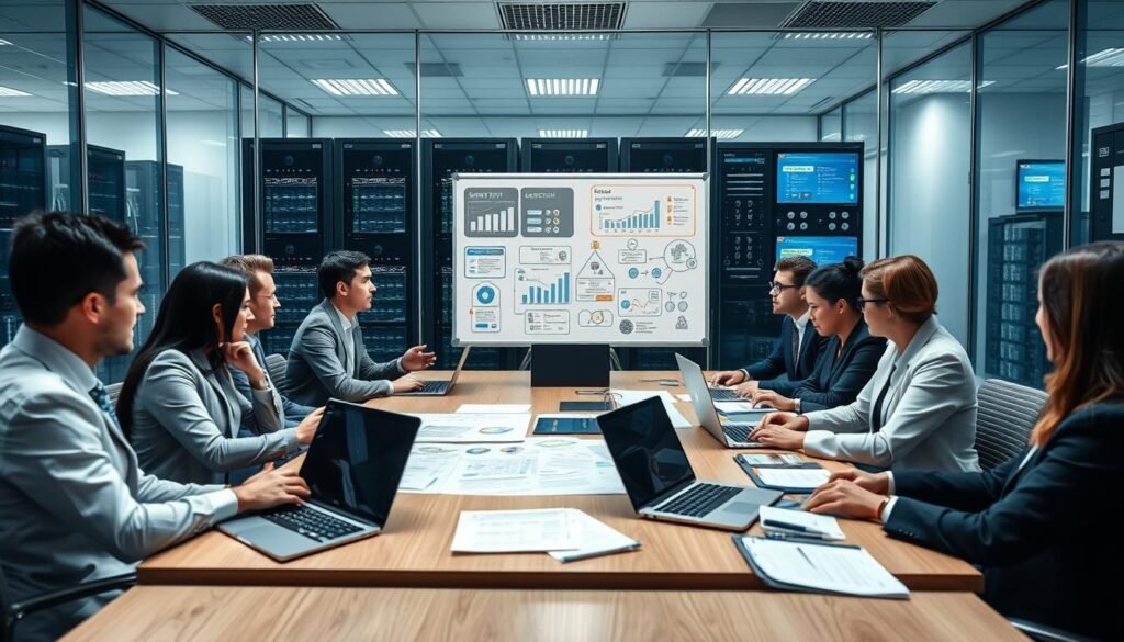 A professional office environment illustrating the internal audit system of 3A, focusing on data security protocols. In the foreground, a diverse group of office workers in smart business attire engages in a serious discussion around a large conference table, with laptops and documents depicting audit processes. The middle ground features a whiteboard filled with charts, graphs, and flowcharts related to internal security measures. In the background, a glass wall reveals a high-tech data center with servers and monitoring screens, emphasizing digital management. The lighting is bright and clear, creating an atmosphere of professionalism and focus, with a lens angle capturing the entire scene prominently. No text or branding present.