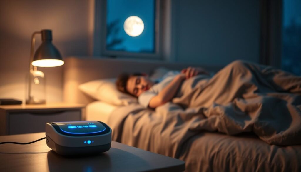 A serene bedroom scene depicting the impact of a sleep apnea machine on health. In the foreground, a close-up of a sleek, modern sleep apnea device resting on a bedside table, with soft blue light illuminating it. In the middle ground, a person in modest, casual clothing comfortably sleeping in bed, with a peaceful expression. The background features a softly glowing nightstand lamp and subtle shadows that create a calming atmosphere. A window shows a moonlit night outside, symbolizing the importance of good sleep for health. The image should be well-balanced, using warm lighting to evoke tranquility, and shot from a slightly elevated angle to capture both the device and the sleeping individual harmoniously. The mood should convey hope and well-being.