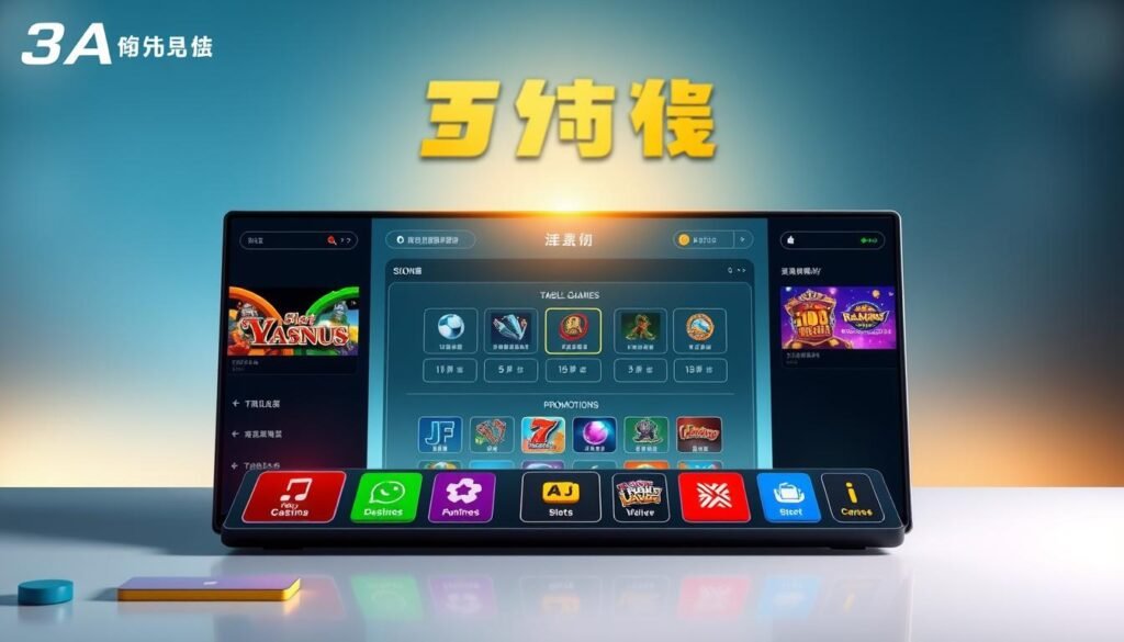 A sleek and modern user interface design showcasing the navigation structure of "3A娛樂城". In the foreground, display brightly colored buttons and icons representing various gaming sections, like slots, table games, and promotions, with subtle animations suggesting interactivity. The middle ground should feature a simplified layout of the main menu, organized in a grid format with clear icons, ensuring easy navigation for novice players. The background can be a soft gradient in shades of blue and gold, creating a welcoming and immersive atmosphere. Soft, ambient lighting highlights the interface elements, and a slight perspective angle enhances depth. The overall mood is inviting and educational, conveying a sense of professionalism and ease for new players.