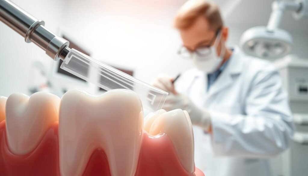 An illustrative diagram depicting the principles of dental adhesive technology. In the foreground, a close-up view of polished teeth with a transparent film applied to the surface, showcasing the micro-structure and adhesive bond. In the middle ground, a professional dentist in a white coat carefully examines dental tools, illustrating the technique's precision and safety. The background includes a softly blurred dental clinic environment with bright, even lighting, emphasizing cleanliness and professionalism. The atmosphere is educational and informative, with a focus on clarity and understanding of the dental process. The image should be visually appealing, devoid of any text or watermarks, suitable for a scientific article.