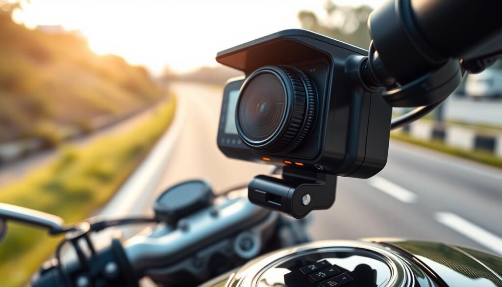A close-up view of a high-tech motorcycle dashcam mounted on a sleek motorcycle handlebar, showcasing its wide-angle lens. The background features a blurred road, emphasizing motion, with a hint of greenery and distant buildings. The camera displays intricate details, such as buttons and LED indicators, all reflecting a modern aesthetic. Soft morning light filters in from the left, creating a dynamic and vibrant atmosphere, highlighting the camera's features without overshadowing them. The angle is slightly tilted down to focus on the navigation view, while the entire scene conveys a sense of safety and technological advancement in motorcycle travel. A close-up view of a high-tech motorcycle dashcam mounted on a sleek motorcycle handlebar, showcasing its wide-angle lens. The background features a blurred road, emphasizing motion, with a hint of greenery and distant buildings. The camera displays intricate details, such as buttons and LED indicators, all reflecting a modern aesthetic. Soft morning light filters in from the left, creating a dynamic and vibrant atmosphere, highlighting the camera's features without overshadowing them. The angle is slightly tilted down to focus on the navigation view, while the entire scene conveys a sense of safety and technological advancement in motorcycle travel.