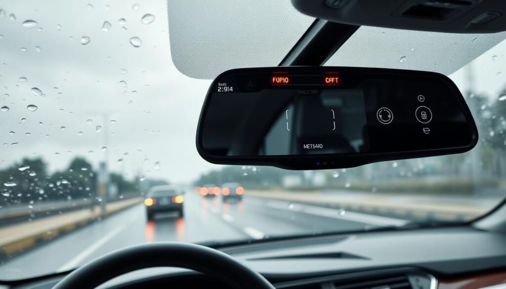 A detailed and modern design of a car's electronic rearview mirror, showcasing its advanced functionality and protective features suited for a rainy, humid climate. The foreground includes a close-up of the mirror with intricate details highlighting the lens, housing, and controls. In the middle ground, a car dashboard is visible, emphasizing the integration of the electronic mirror with digital displays. The background depicts a wet road scene with raindrops visible on the windshield, creating a sense of atmosphere and showcasing the mirror's anti-fog capabilities. The lighting is soft and diffused, simulating overcast weather for a realistic effect. The overall mood is professional and technical, reflecting the high standards of design and application for automotive electronic mirrors.