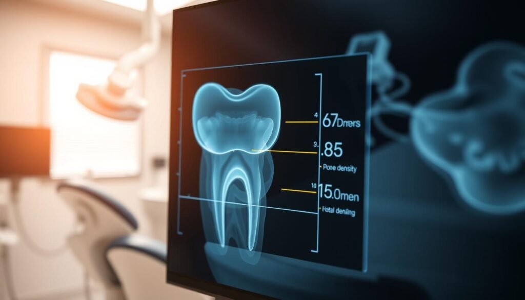 A detailed depiction of a dental radiograph showing the post-treatment healing progress of a tooth after root canal therapy. In the foreground, a clear, high-resolution x-ray image focuses on the affected tooth, highlighting the surrounding bone structure and signs of healing. In the middle, a subtle overlay of a digital interface illustrating measurements of bone density and healing indicators, emphasizing a modern dental monitoring system. The background features a softly blurred dental clinic environment, with professional dental equipment and a sterile atmosphere. The lighting is bright and clinical, enhancing visibility of details. The mood is professional and informative, portraying a sense of trust and advanced dental care.