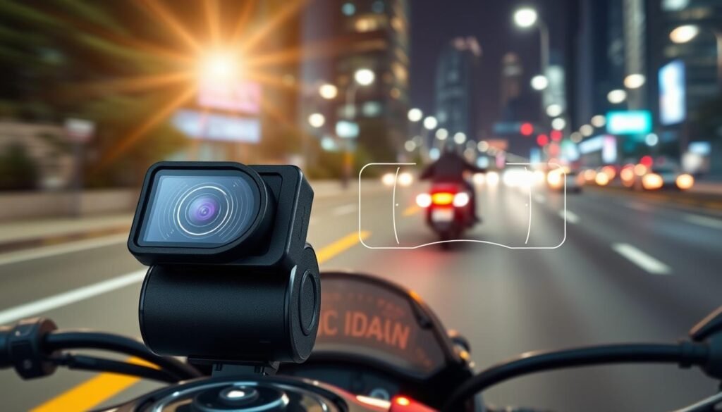 A high-resolution image depicting a motorcycle dash cam (機車行車記錄器) prominently positioned in the foreground. The cam features a sleek design with a wide-angle lens, showcasing its functionality. In the middle ground, illustrate a motorcycle in motion on a road with a faint outline of visual blind spots indicated by subtle shading. The background should include a blurred urban environment, suggesting high-speed travel, with vibrant city lights enhancing the scene. Soft sunlight filters through, casting dynamic shadows, creating a sense of action and alertness. The overall mood should evoke a sense of safety and vigilance while riding, highlighting the importance of the motorcycle dash cam in accident prevention. Focus on clarity and realism in the details. A high-resolution image depicting a motorcycle dash cam (機車行車記錄器) prominently positioned in the foreground. The cam features a sleek design with a wide-angle lens, showcasing its functionality. In the middle ground, illustrate a motorcycle in motion on a road with a faint outline of visual blind spots indicated by subtle shading. The background should include a blurred urban environment, suggesting high-speed travel, with vibrant city lights enhancing the scene. Soft sunlight filters through, casting dynamic shadows, creating a sense of action and alertness. The overall mood should evoke a sense of safety and vigilance while riding, highlighting the importance of the motorcycle dash cam in accident prevention. Focus on clarity and realism in the details.