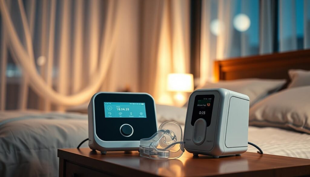 A modern sleep apnea machine elegantly displayed on a bedside table in a cozy, softly lit bedroom. In the foreground, the sleek design of the machine, showcasing its digital display and comfortable mask resting beside it, is highlighted. The middle ground features a neatly made bed with soft, neutral-toned bedding, and a bedside lamp casting a warm, inviting glow. The background includes a window with sheer curtains gently swaying, allowing soft moonlight to filter in, enhancing the peaceful atmosphere of the room. The lens is focused tightly on the machine, emphasizing its functionality in improving sleep quality, with a shallow depth of field blurring the edges. The overall mood is calm and serene, evoking a sense of comfort and health, ideal for discussing the benefits of the device.