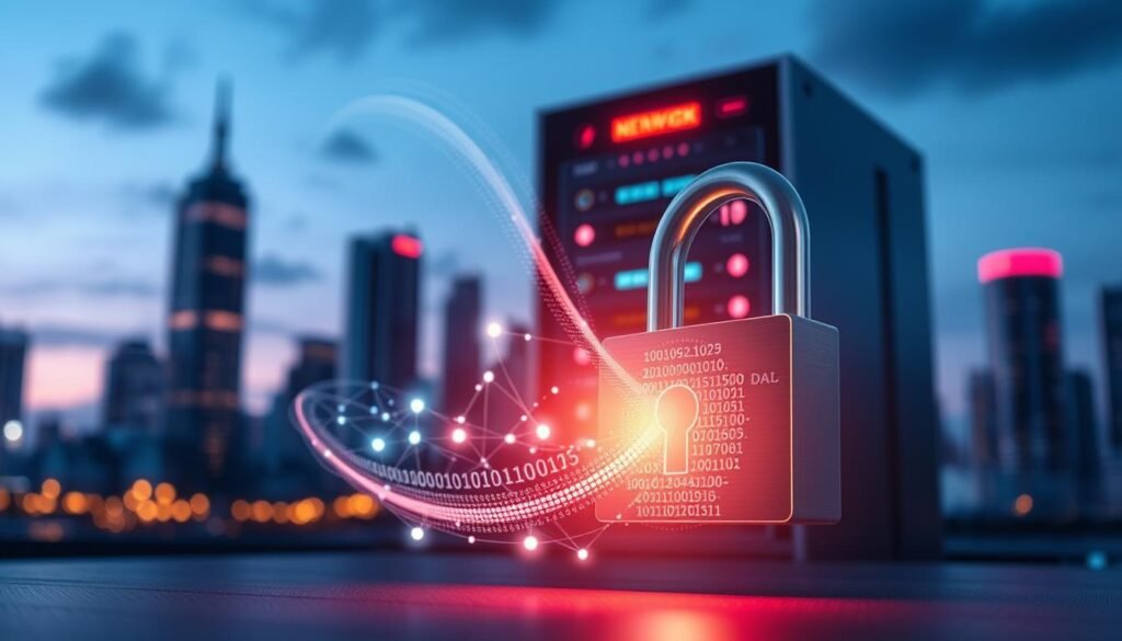 A visually striking representation of "256-bit SSL encryption technology" for an article section titled "What is 256-bit SSL Encryption Technology?" The foreground features a sleek, modern digital lock, symbolizing security and encryption. A glowing data stream flows around the lock, composed of binary code and abstract shapes illustrating data protection. In the middle ground, a stylized network server with glowing nodes and connections emphasizes the technological aspect. The background presents a futuristic city skyline at dusk, with a cool blue and purple color palette to convey a sense of high-tech ambiance. Soft, diffused lighting highlights the encryption elements, creating an atmosphere of safety and innovation. Use a wide-angle perspective to capture the depth and complexity of the scene, ensuring a polished, professional finish.