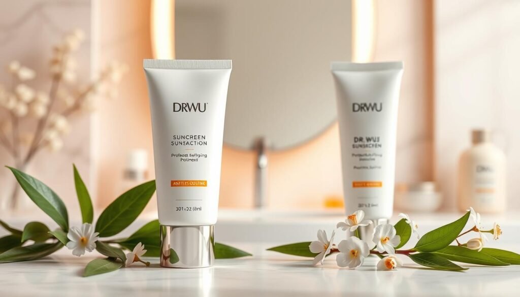 A beautifully arranged flat lay showcasing Dr. Wu sunscreen products, emphasizing their anti-aging properties. In the foreground, place a tube of Dr. Wu sunscreen with elegant packaging, highlighted by soft diffused lighting. Surround it with natural elements such as green leaves and delicate flowers to represent vitality and protection. In the middle, include a sleek vanity mirror reflecting the product, symbolizing professional skincare routines. The background should feature a softly blurred, minimalist bathroom setting with warm, inviting tones, creating a tranquil atmosphere. The overall mood is serene and professional, evoking confidence in skincare choices. The composition should be balanced, with attention to light reflections and complementary colors, enhancing the appeal of the product.