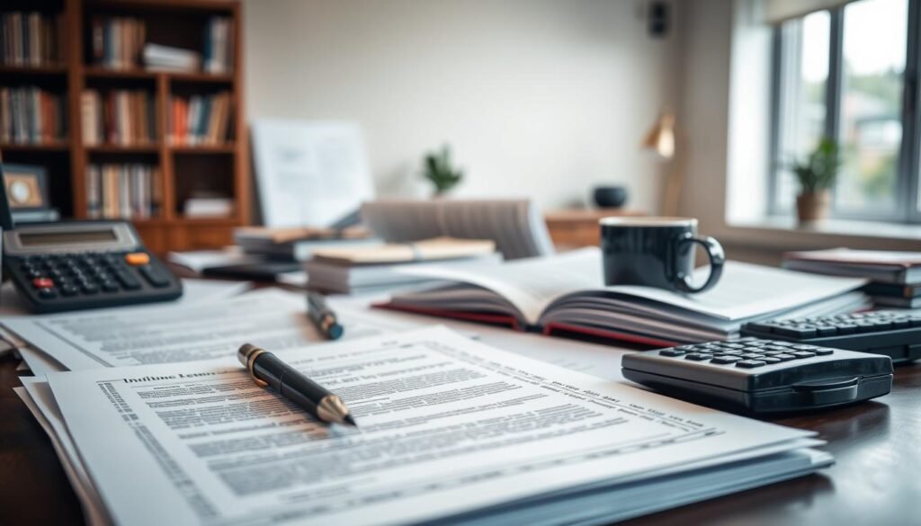 A detailed view of a business office desk cluttered with various "infinite company" application documents in a traditional paper style. In the foreground, focus on neatly stacked papers featuring intricate legal forms, accompanied by a fountain pen and a professional business calculator. The middle ground should showcase an open folder with highlighted sections, perhaps a coffee mug steaming beside it, indicating an active workspace. The background should display a clean, well-lit office environment with bookshelves and a soft-focus window letting in natural light, creating a warm and professional atmosphere. The overall mood should evoke a sense of diligence and organization, emphasizing the importance of paper submissions in company registration steps.