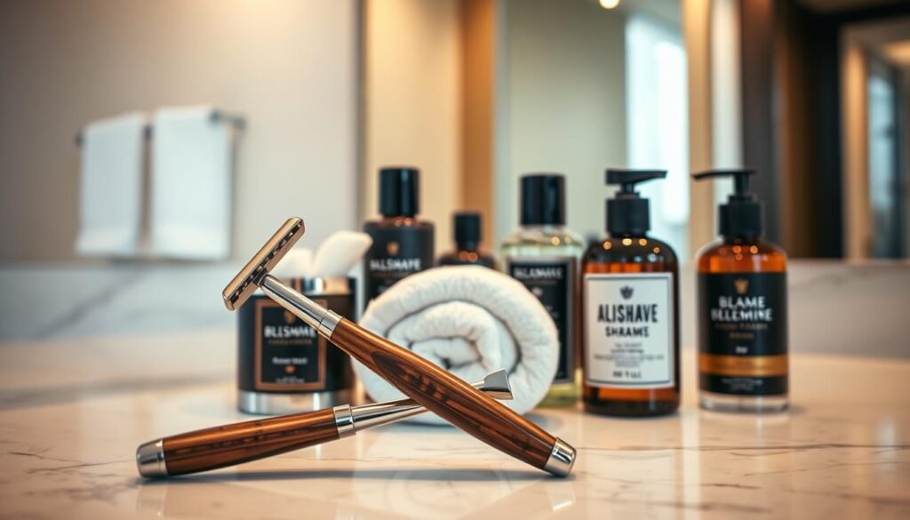 A modern, stylish display of premium men’s shaving products, specifically tailored for an American audience. In the foreground, focus on a sleek, elegant shaving razor with a rich wooden handle, surrounded by luxurious shaving cream in a polished metal container. Include high-quality aftershave bottles, featuring sophisticated designs. In the middle, place a soft, plush white towel rolled neatly, suggesting a professional grooming setup. The background should be softly blurred, featuring a stylish bathroom counter with subtle reflections in a large mirror, enhancing the luxurious vibe. Use warm, inviting lighting to create a comforting atmosphere, evoking a sense of self-care and refinement, ideal for men who appreciate quality grooming products. Capture this scene from a slight overhead angle to add depth, while maintaining a clean and organized aesthetic.