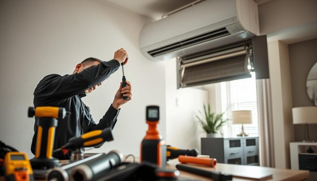 A professional air conditioning technician in a sleek uniform, carefully inspecting an air conditioning unit mounted on a wall. The technician is focused and poised, using tools like a screwdriver and a moisture meter to ensure proper installation and drainage. In the foreground, various HVAC tools are neatly arranged on a workbench, emphasizing a sense of professionalism. The middle layer features the wall, highlighting the air conditioning unit with visible water drainage pipes, showcasing the importance of checking for leaks. The background contains a clean, bright room with modern decor, enhancing the atmosphere of order and expertise. Soft, natural lighting streams through a nearby window, creating a calm and professional mood. The image conveys the critical role of expert air conditioning maintenance.