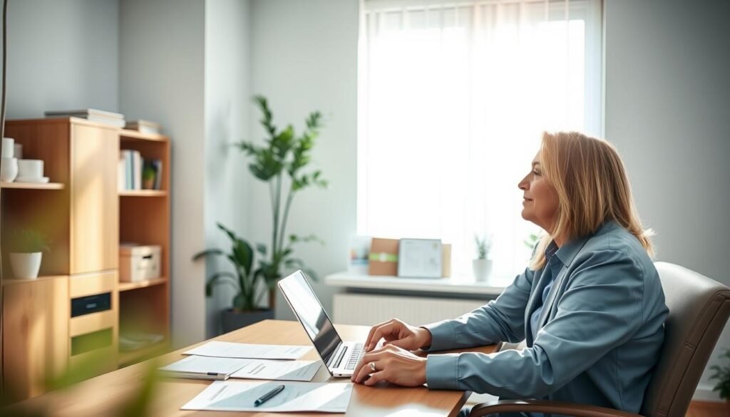 A serene multi-layered scene depicting a personalized pain management consultation in a calming clinic environment. In the foreground, a healthcare professional in business attire is attentively discussing with a patient, showcasing empathy and understanding. The middle layer features a desk with a laptop, pain management charts, and nutritional guides, emphasizing the integration of psychological assessment and nutritional advice. The background includes soft, natural light filtering through a large window, highlighting calming colors like blues and greens, which evoke a sense of tranquility. The atmosphere is warm and supportive, aimed at conveying hope and balance for chronic pain patients.