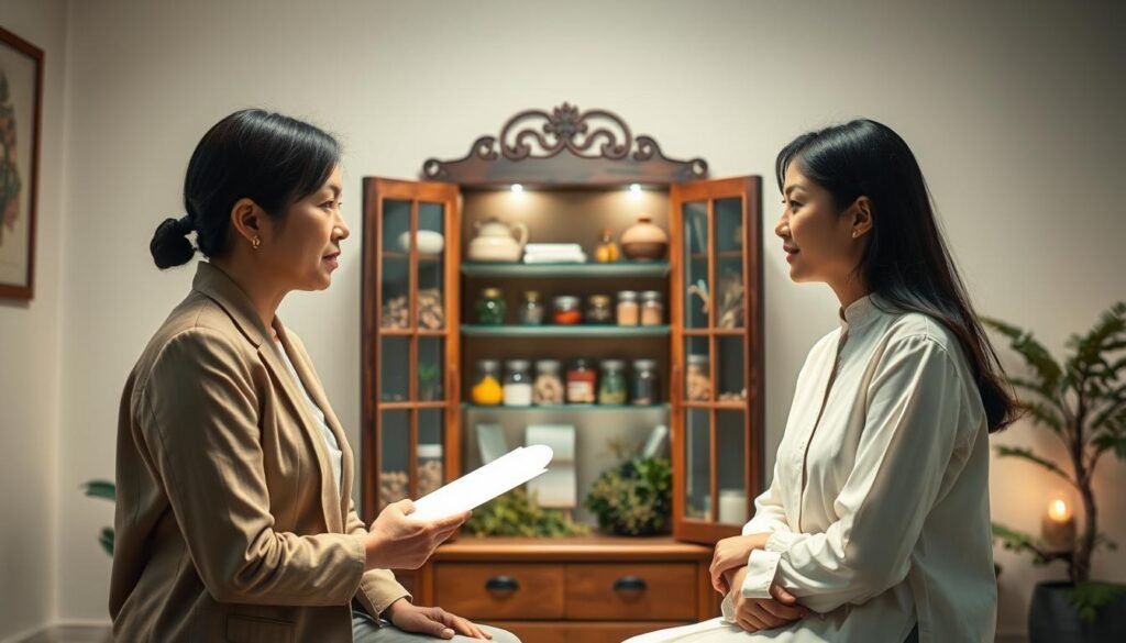 A tranquil scene depicting Traditional Chinese Medicine solutions for regulating menstrual cycles in women with Polycystic Ovary Syndrome (PCOS). In the foreground, a healthcare professional, dressed in modest business attire, gently explains herbal remedies to a patient, who listens attentively, dressed casually yet respectfully. The middle ground features a traditional Chinese medicine cabinet filled with various herbal ingredients and acupuncture tools, symbolizing holistic wellness. In the background, a serene room infused with soft, warm lighting creates a calming atmosphere, with subtle herbal motifs on the walls. The image embodies a sense of trust, comfort, and cultural care, illustrating the supportive approach of Traditional Chinese Medicine for women's health.