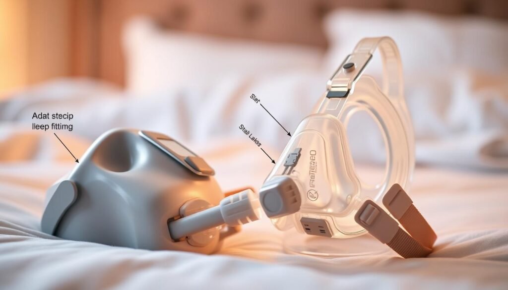 A close-up of a CPAP machine mask showing a detailed view of its components, emphasizing the areas where air leakage can occur. The foreground highlights a well-fitted mask resting on soft bedding, with visible tension points around the edges indicating leaks. In the middle, a partially disassembled mask showcases its internal mechanisms, such as the strap fittings and air outlet, under soft, warm lighting to create a calm atmosphere. The background subtly features a cozy bedroom setting, enhancing the mood of comfort and safety. Use a shallow depth of field to keep the focus on the mask and its features, capturing the intricacies of the design aimed at solving air leakage issues.