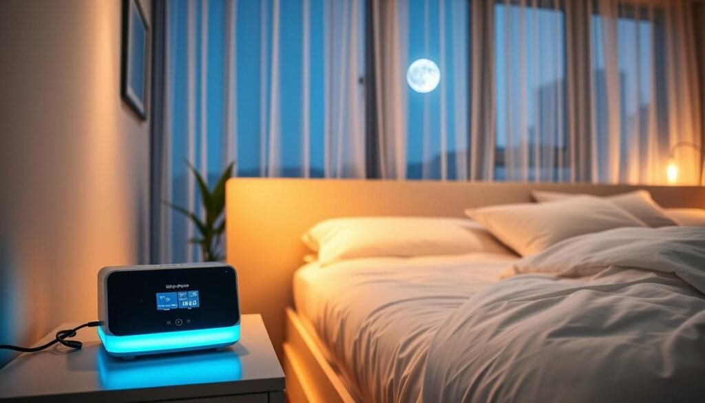A serene bedroom scene showcasing a modern sleep apnea machine on a bedside table, illuminated by a soft ambient night light that emits a calming blue glow. In the foreground, the machine is sleek with a digital interface, alongside a comfortable adjustable bed with crisp white linens. The middle ground features a large window with sheer curtains gently billowing, allowing moonlight to filter in, creating a tranquil atmosphere. In the background, subtle elements like a potted plant and soft pillows enhance the cozy environment. The overall lighting is warm and inviting, evoking a sense of peace and relaxation, suitable for promoting better sleep health. The angle of the shot should be slightly elevated, capturing both the device and serene ambiance without any distractions.
